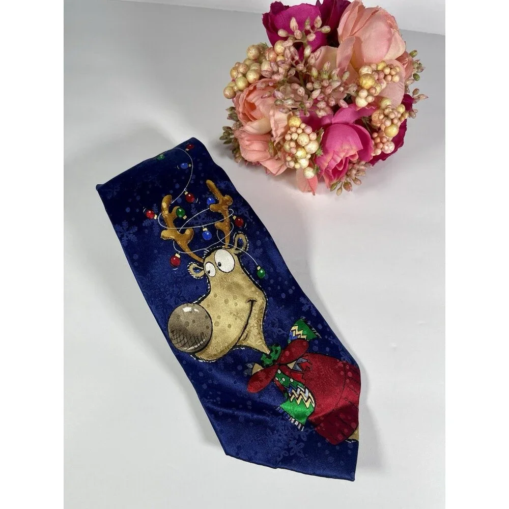 American Greetings Silk Necktie Reindeer Christmas Lights Snowflakes Navy Blue
